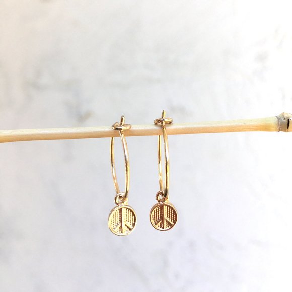 Dangle Peace Sign Small Hoop Earrings - Picture 3 of 4